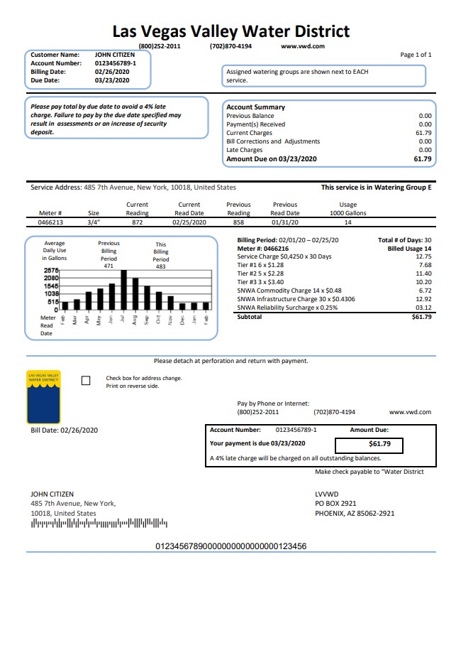 USA Las Vegas Valley Water District (LVVWD) utility bill template in Word and PDF format